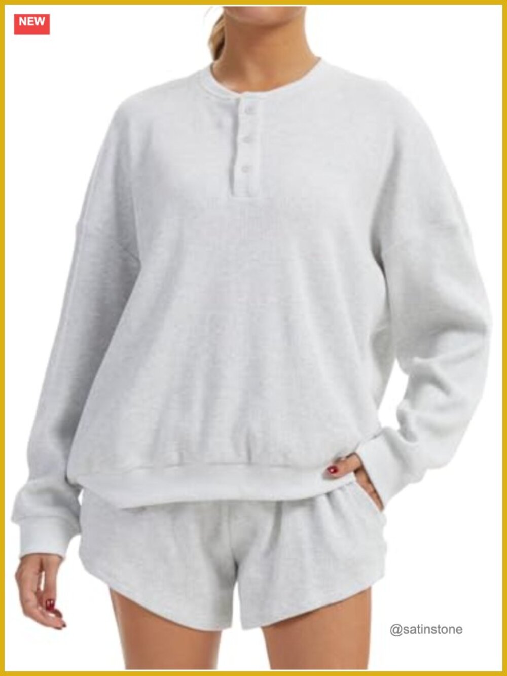 Waffle Knit 2 Piece Lounge Short Set Oversized Henley Sweatshirt